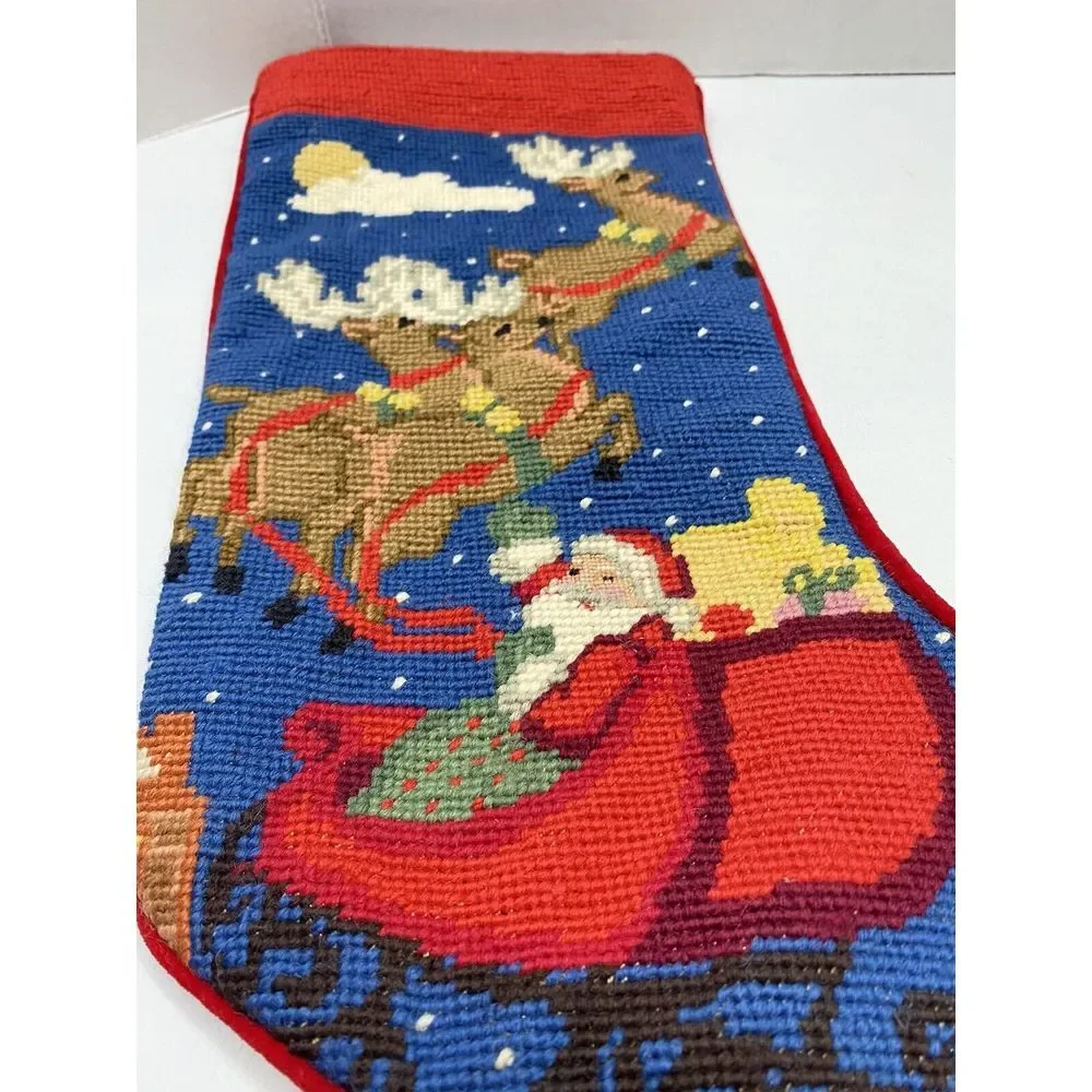 Vtg Stocking Santa Reindeer Needlework Pattern Velvety Back Christmas H9‎